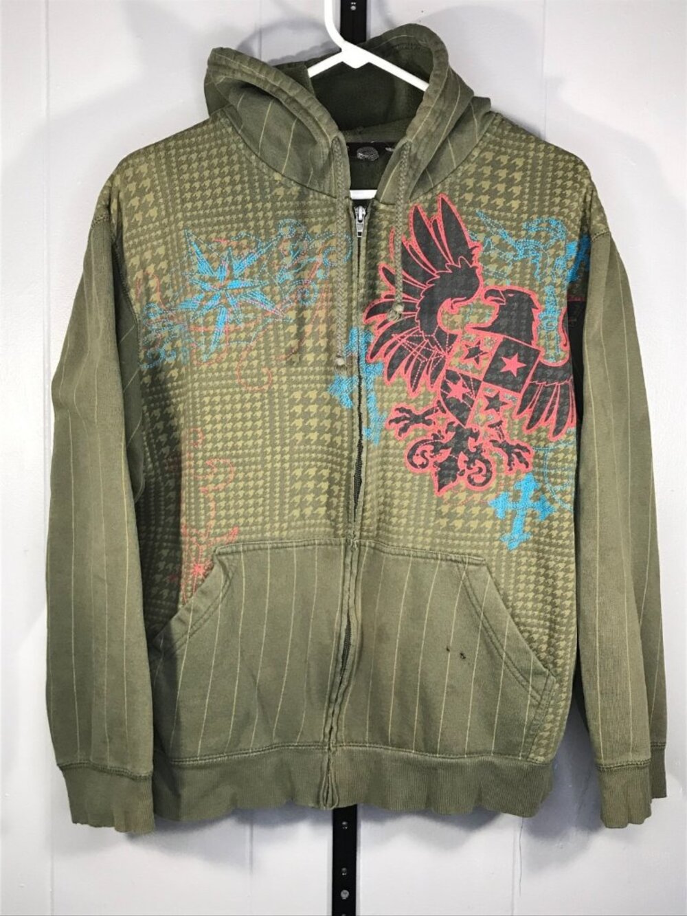 Vintage Y2K No Boundaries Green Zip Up Hoodie Men's L  AOP Eagle Grunge Goth